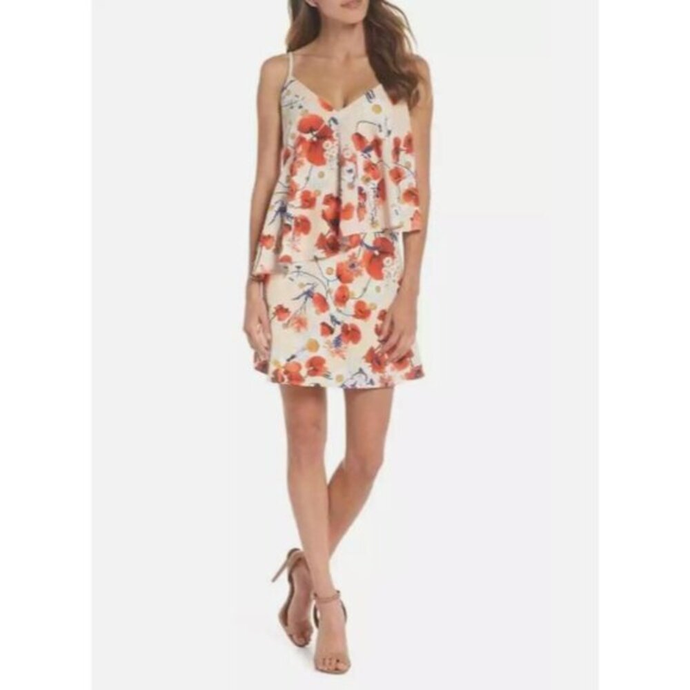NSR Cara Floral Slip Dress Spaghetti Strap Coral Orange Red Ruffle SZ S NWT